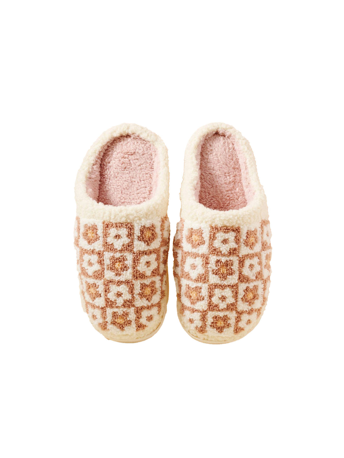 flower checkerboard color block fuzzy slippers beige