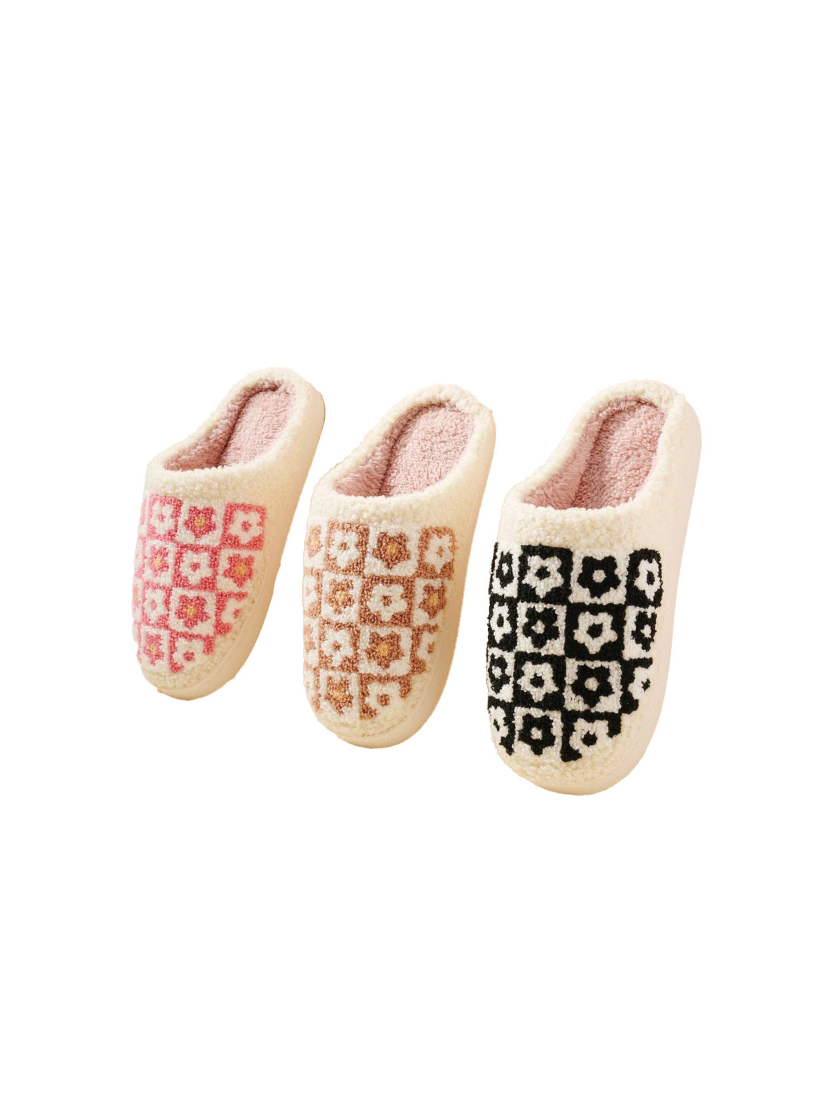 flower checkerboard color block fuzzy slippers group