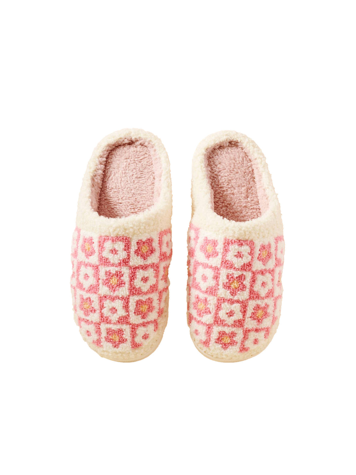 flower checkerboard color block fuzzy slippers pink