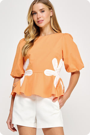 Flower Color-Block Poplin Top in tennessee orange