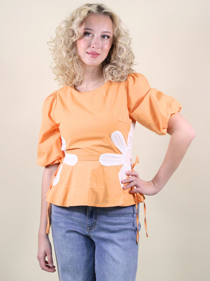 Flower ColorBlock Poplin Top in tennessee orange
