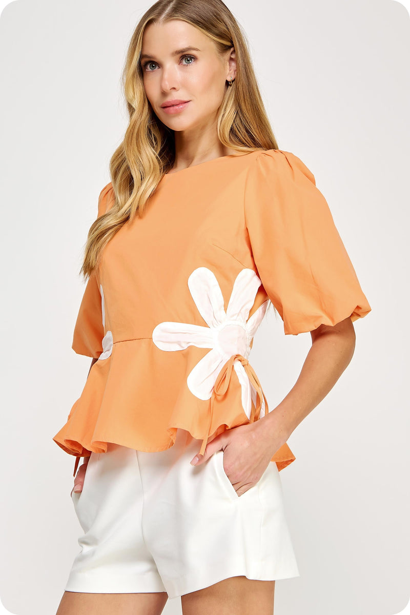 Flower Color-Block Poplin Top in tennessee orange