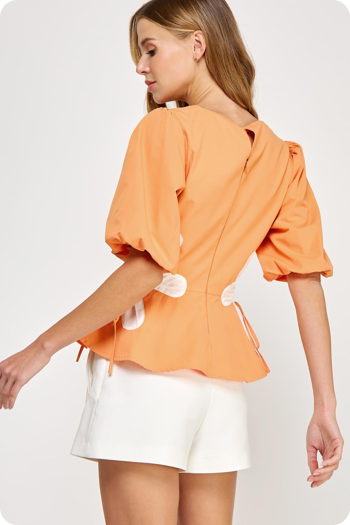 Flower Color-Block Poplin Top in tennessee orange