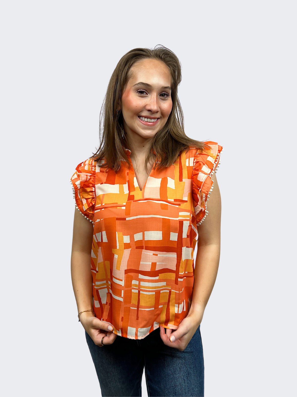 flutter sleeve print top in tennessee orange gameday front view