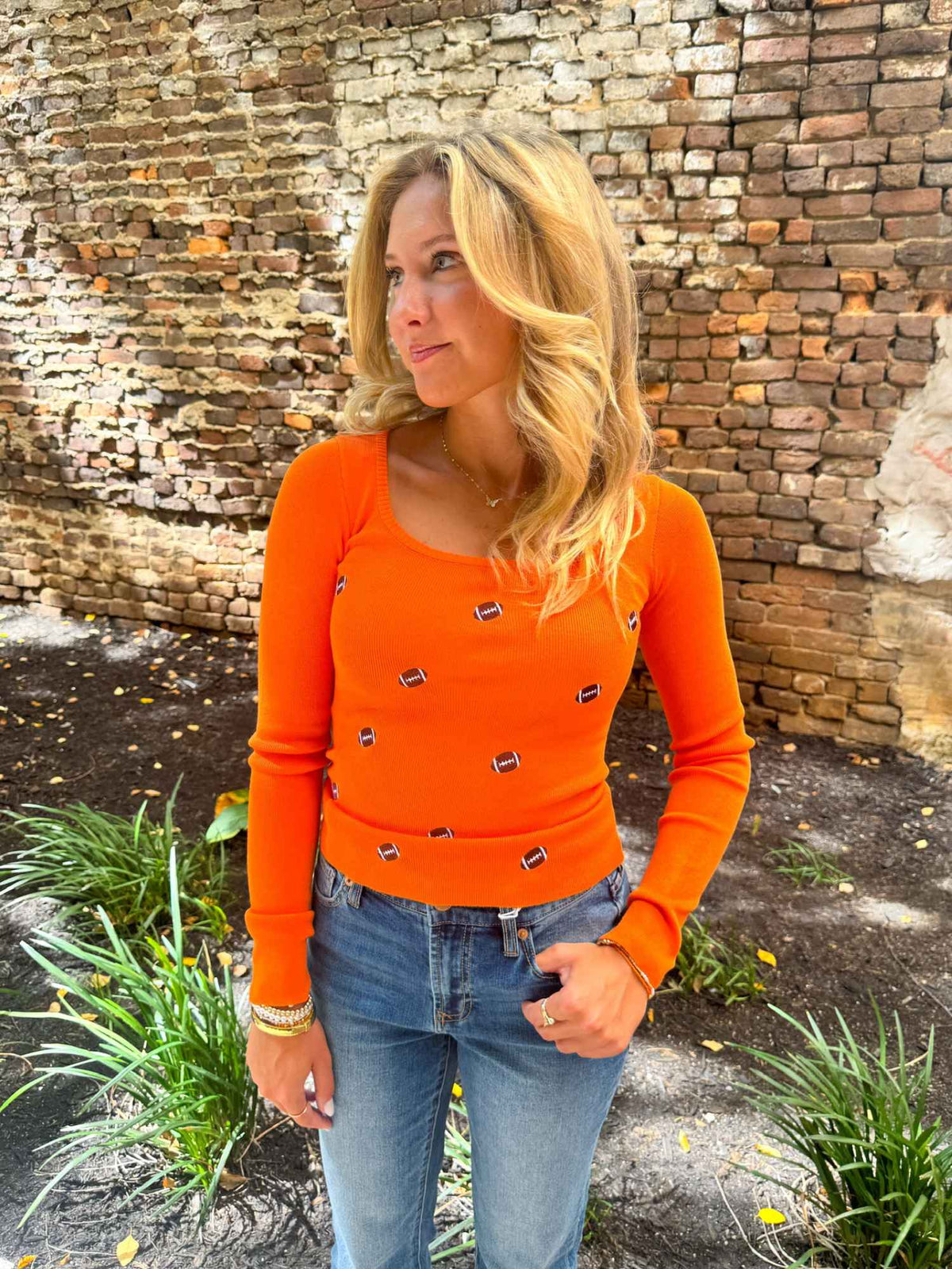 Football Embroidered Scoop Neck Sweater Orange