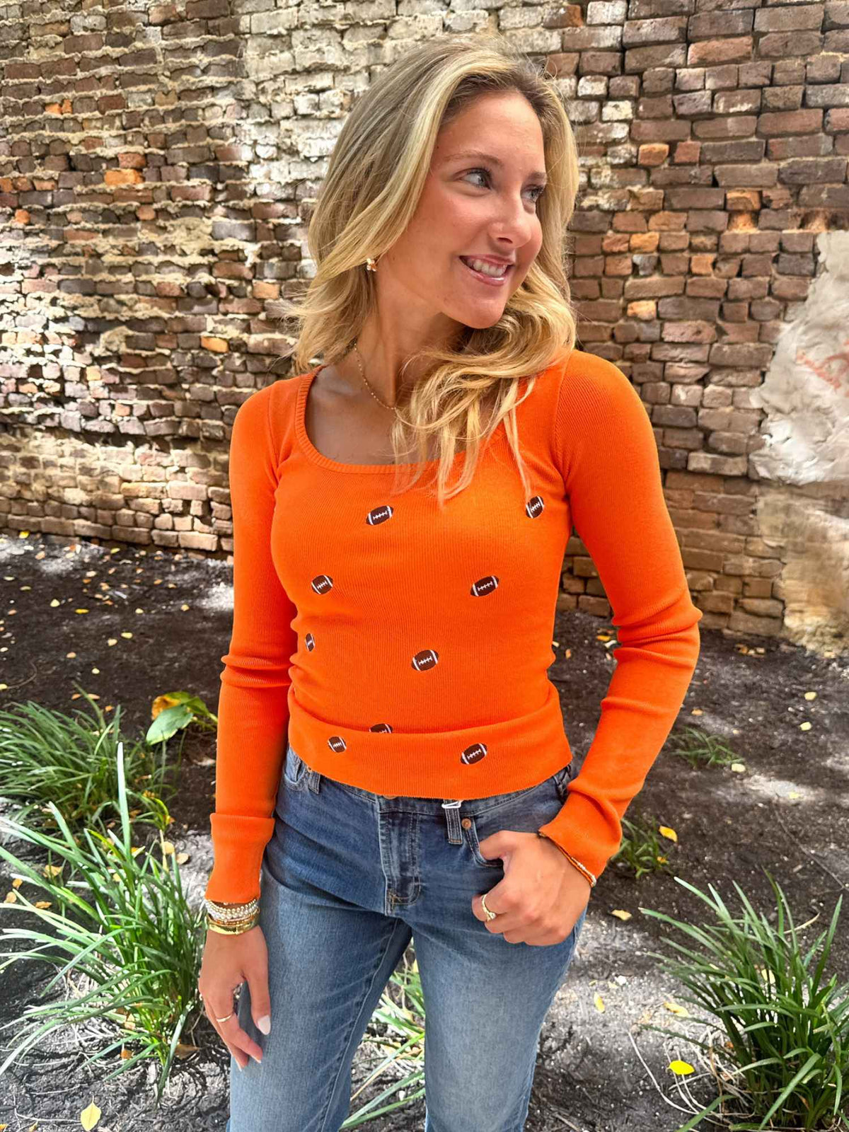 Football Embroidered Scoop Neck Sweater Orange