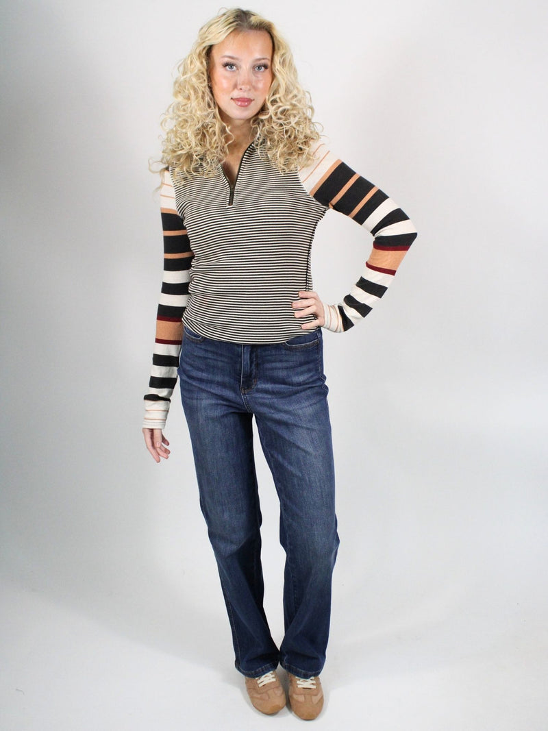 Free People Avery Zip Up Long Sleeve Knit Top Black Combo