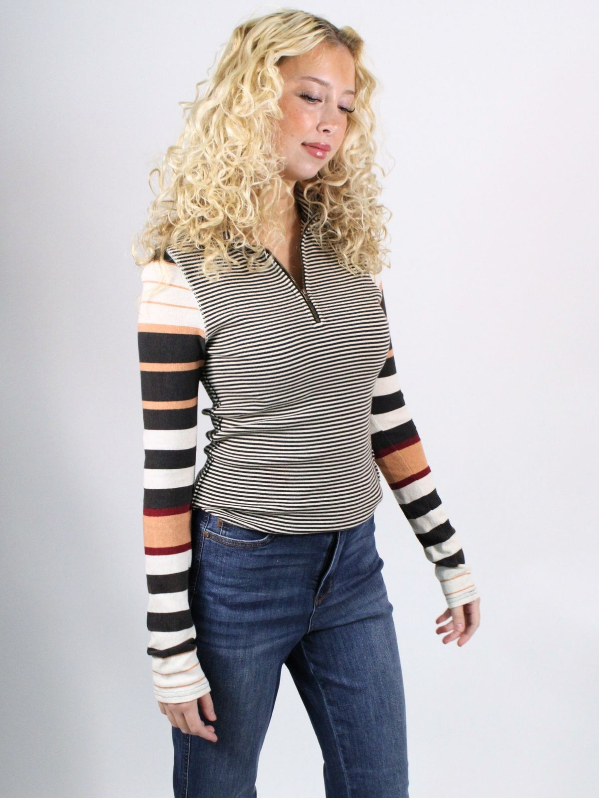 Free People Avery Zip Up Long Sleeve Knit Top Black Combo