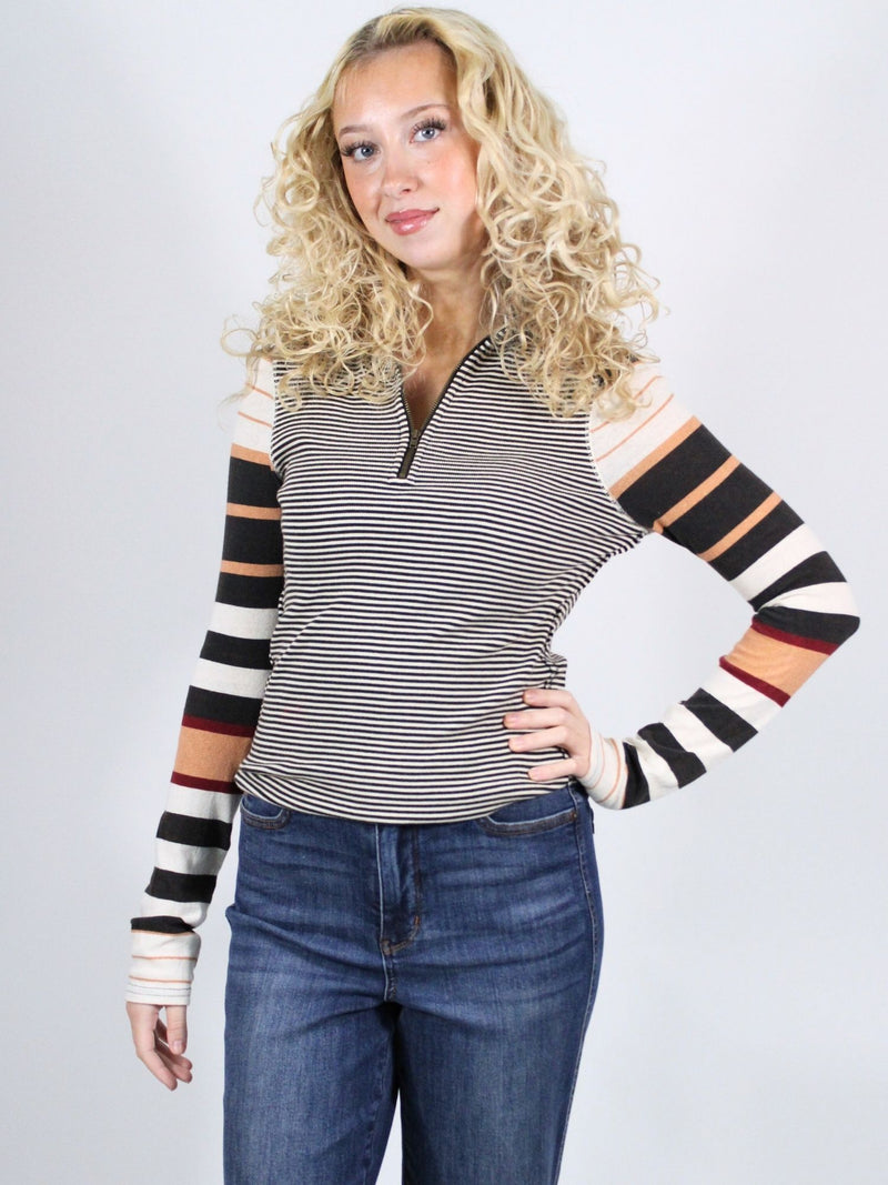 Free People Avery Zip Up Long Sleeve Knit Top Black Combo