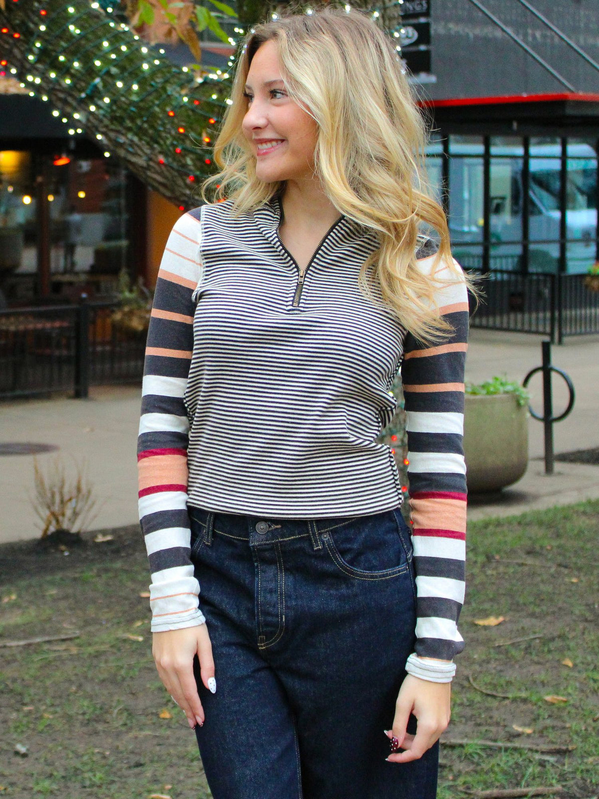 Free People Avery Zip Up Long Sleeve Knit Top Black Combo