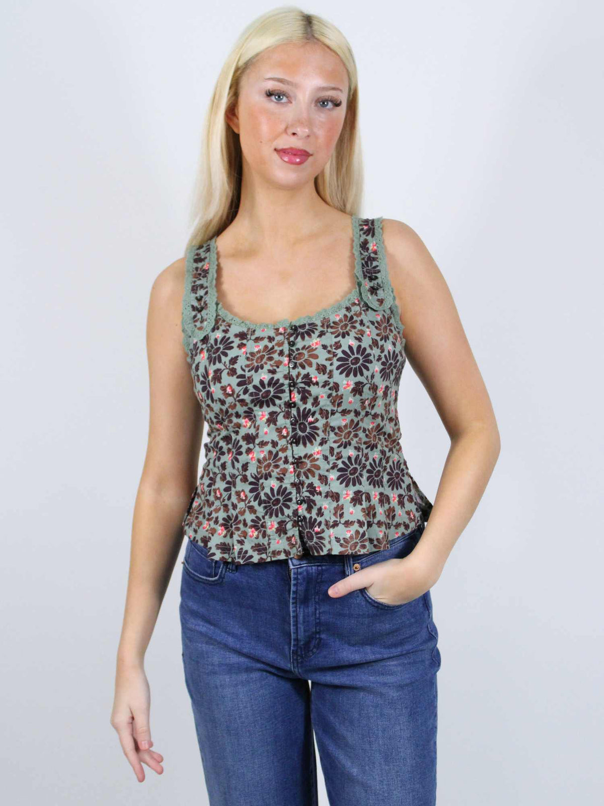 Free People Bridgette Corset Top Green Combo