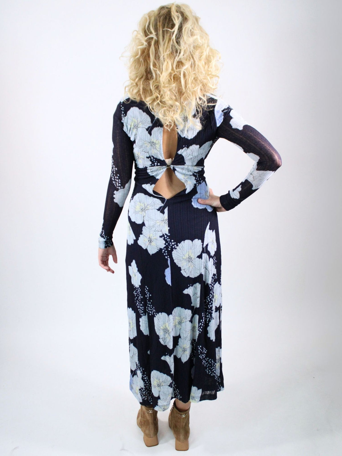 Free People Calla Print Long Sleeve Midi Dress Sky Combo