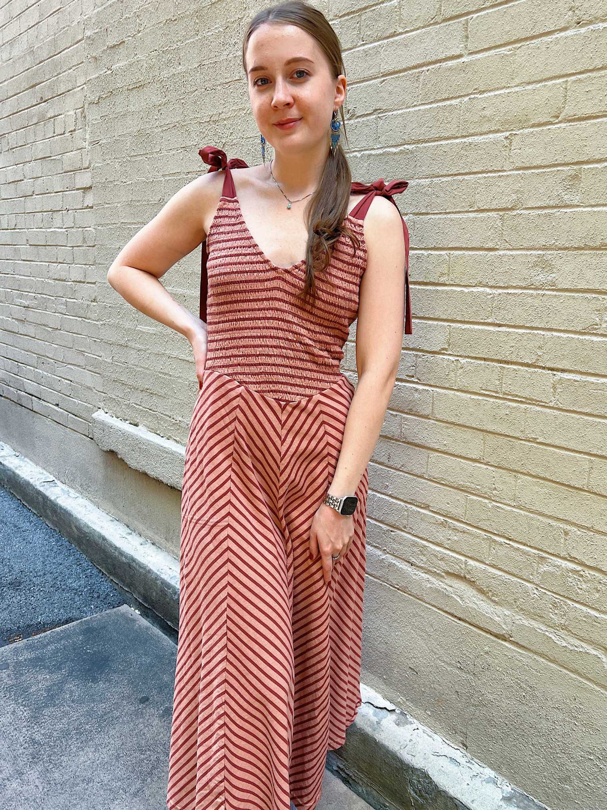 Free People Cecelia Stripe Midi Dress Burnt Henna Combo