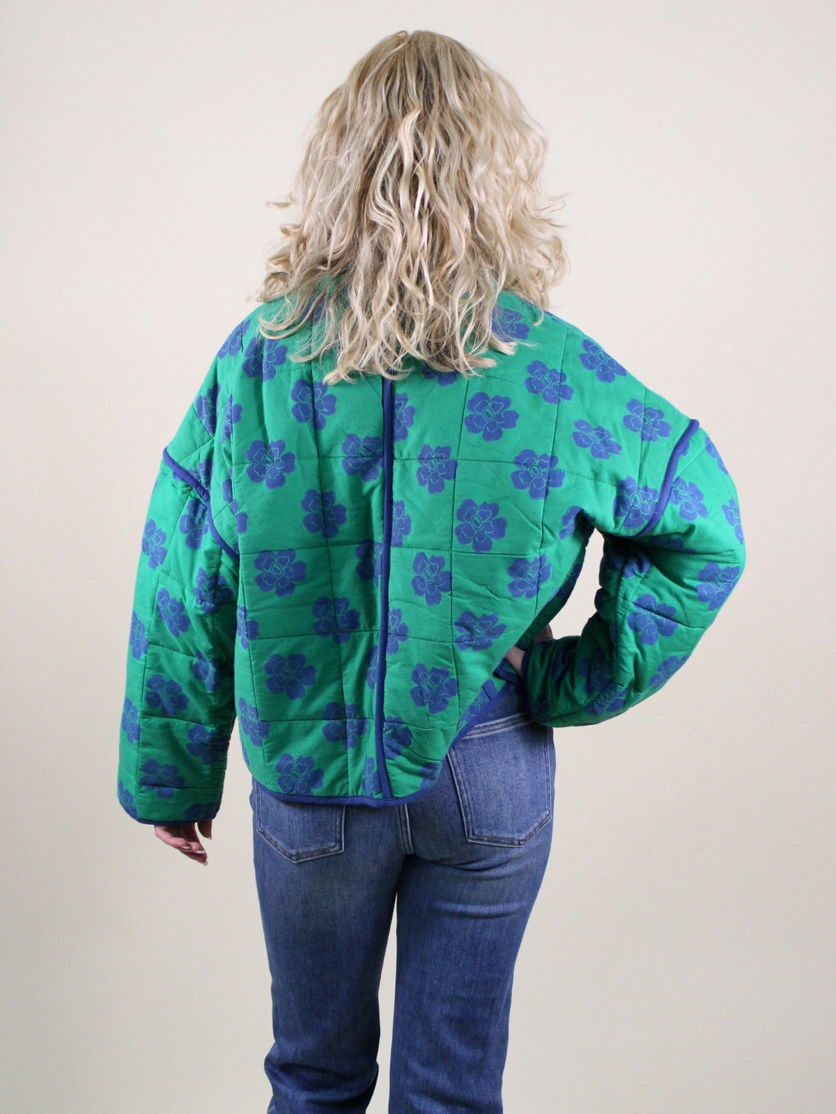 Free People Chloe quilt jacket grass combo back model view