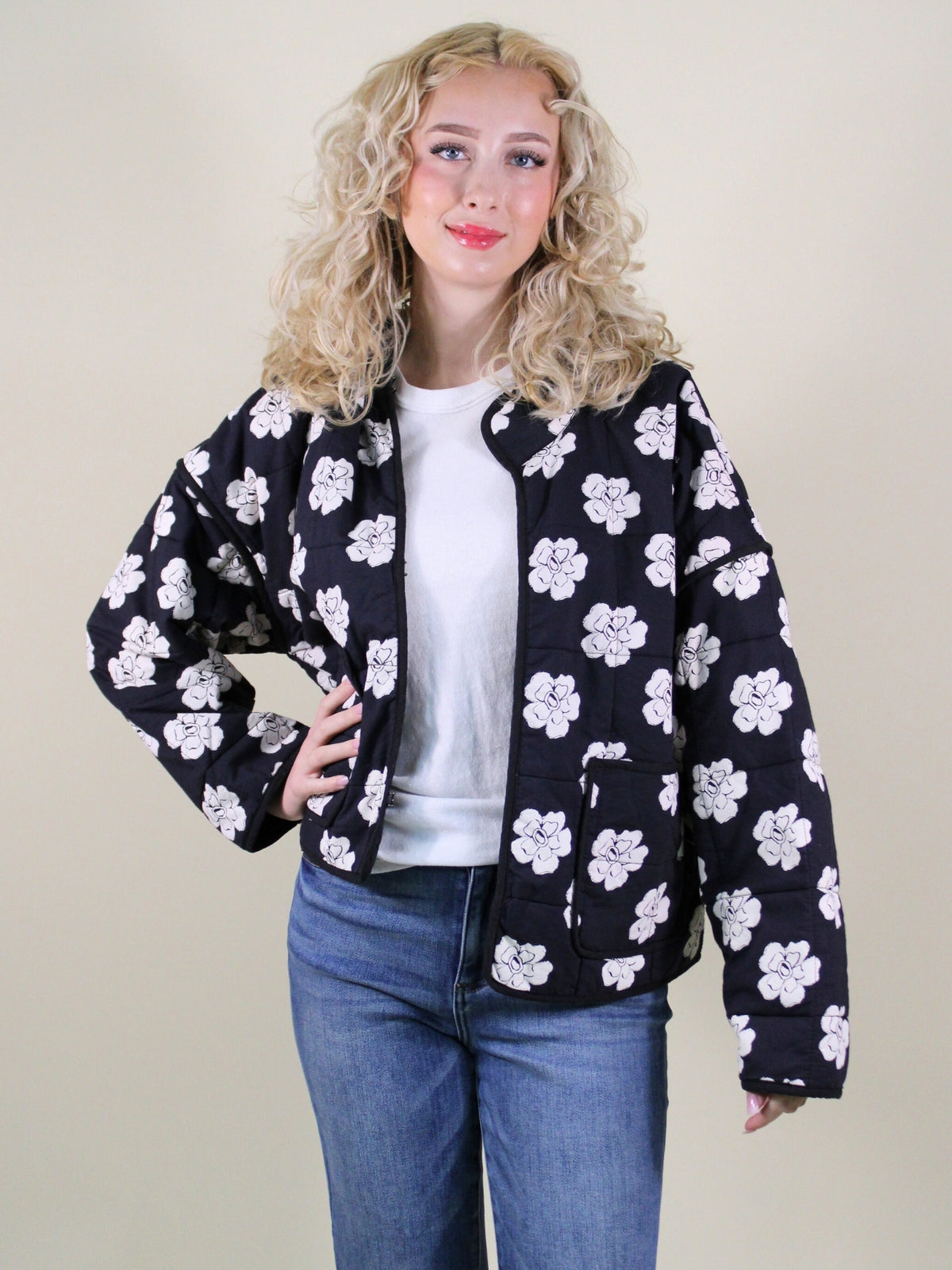 Free People Chloe quilt jacket night bloom combo front model view