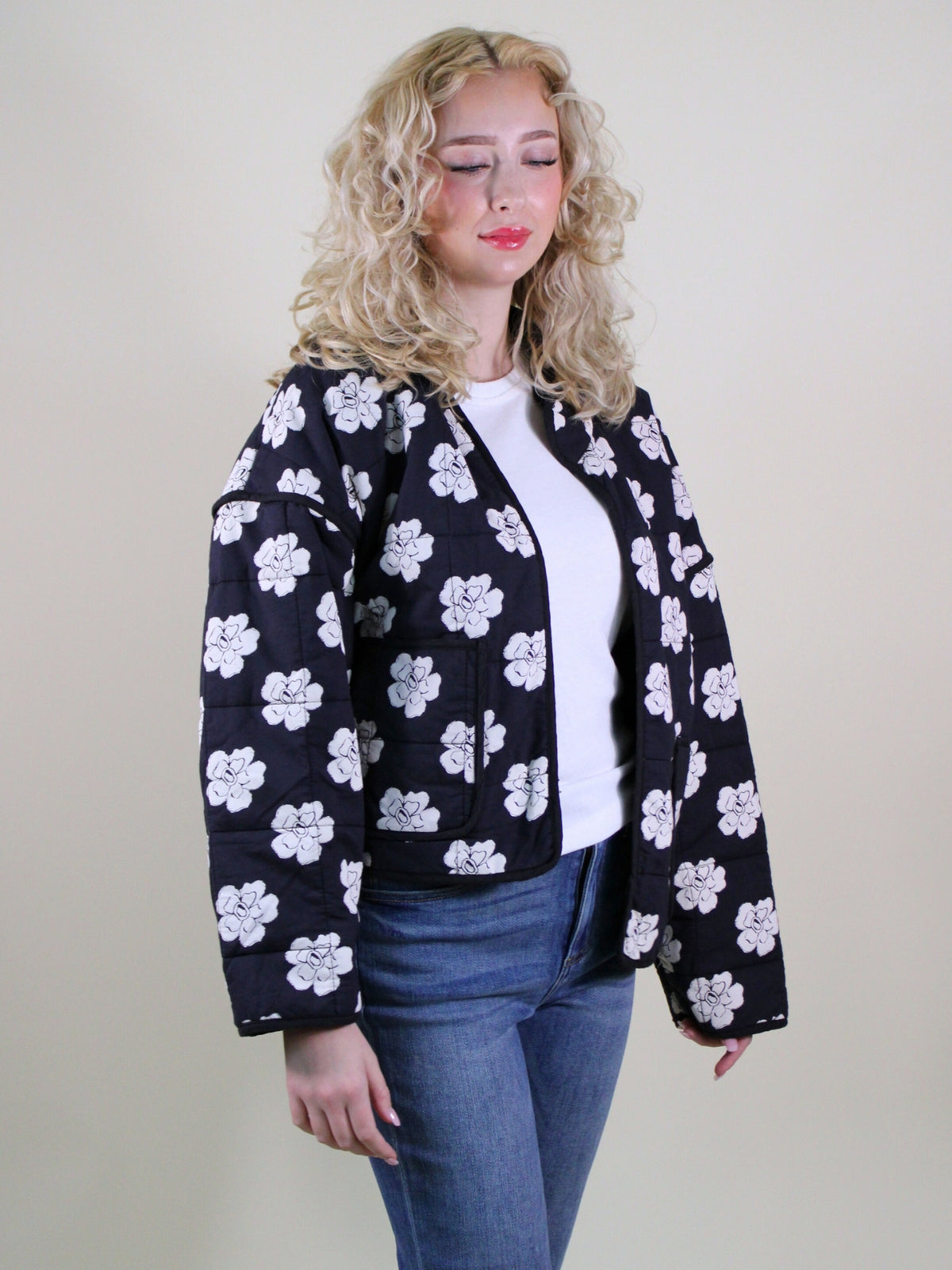 Free People Chloe quilt jacket night bloom combo side model view