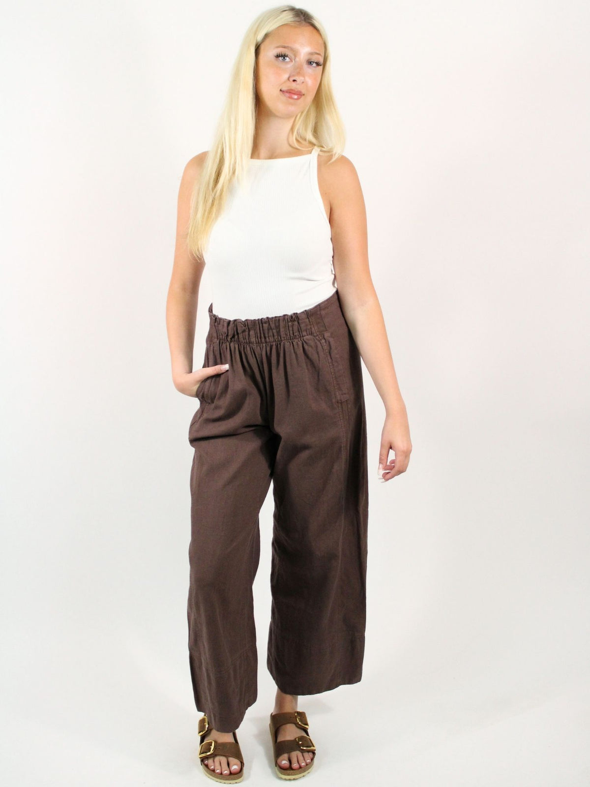 Free People Days End Linen Pull On Pant Double Espresso