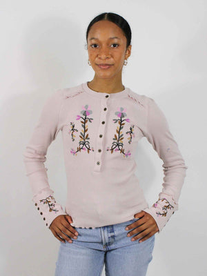 Free People Fleur Embroidered Cuff Henley Lavender Combo