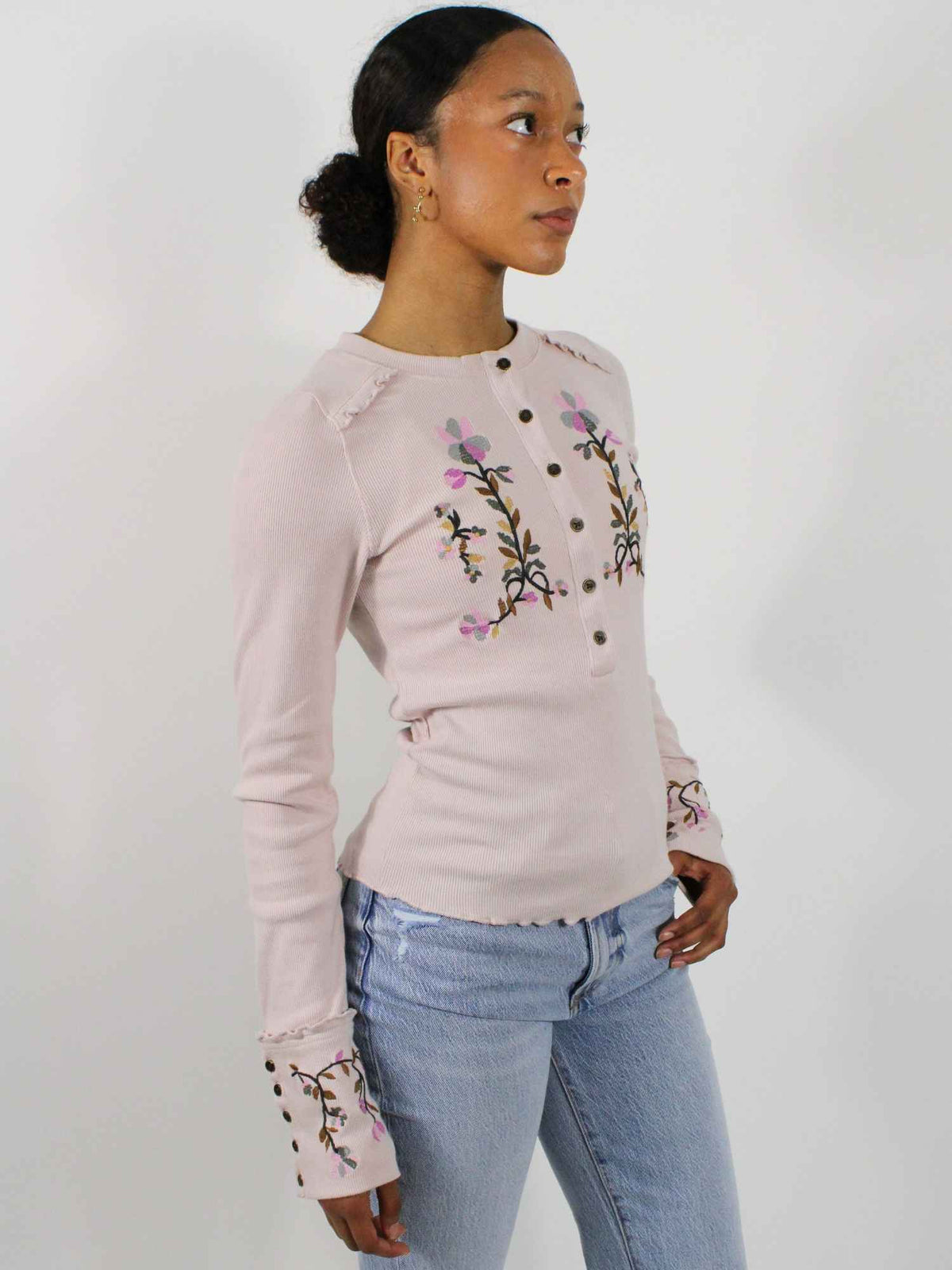 Free People Fleur Embroidered Cuff Henley Lavender Combo