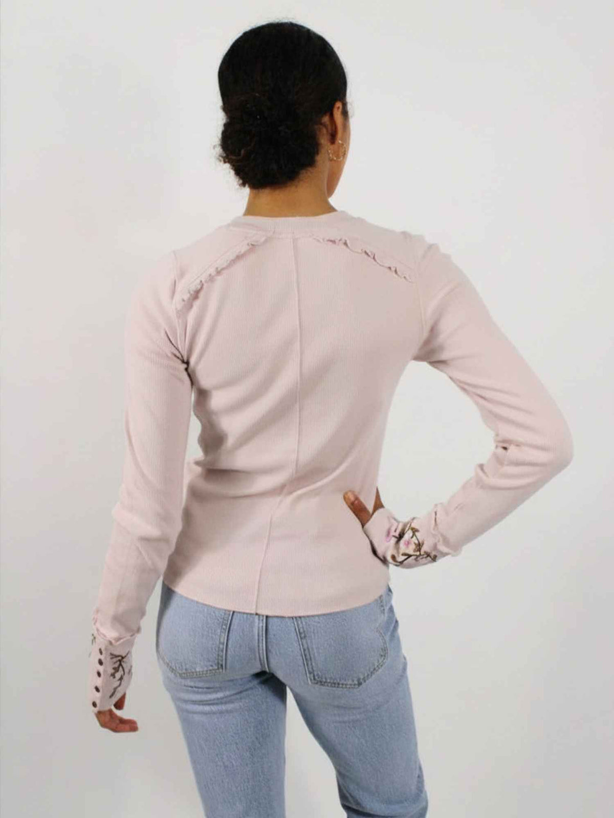 Free People Fleur Embroidered Cuff Henley Lavender Combo
