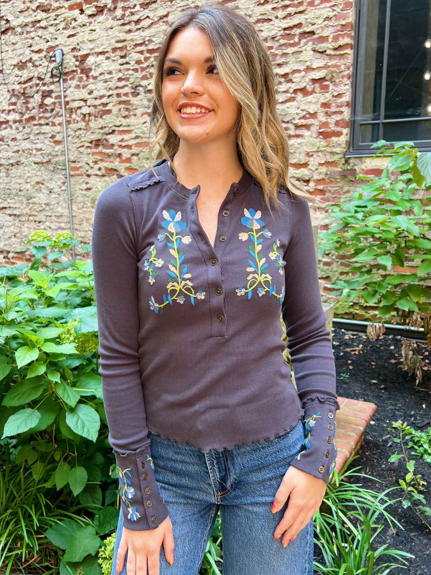 Free People Fleur Embroidered Cuff Top – Bliss