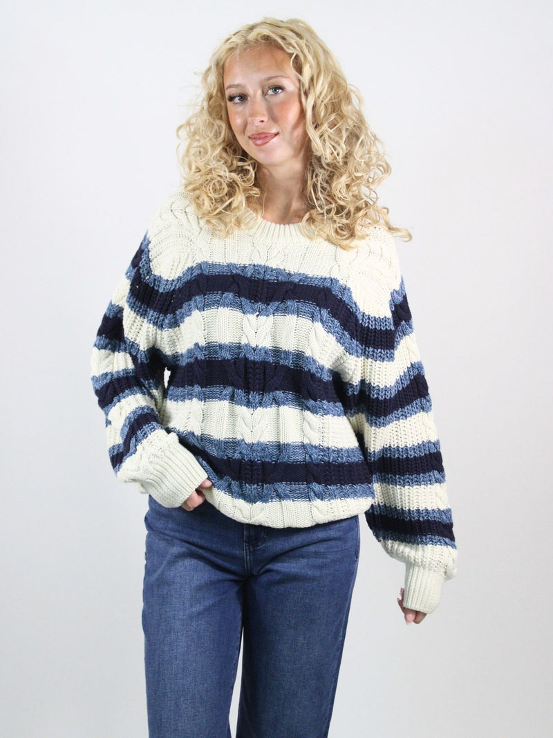Free People Frankie Striped Cable Knit Sweater Ivory Combo
