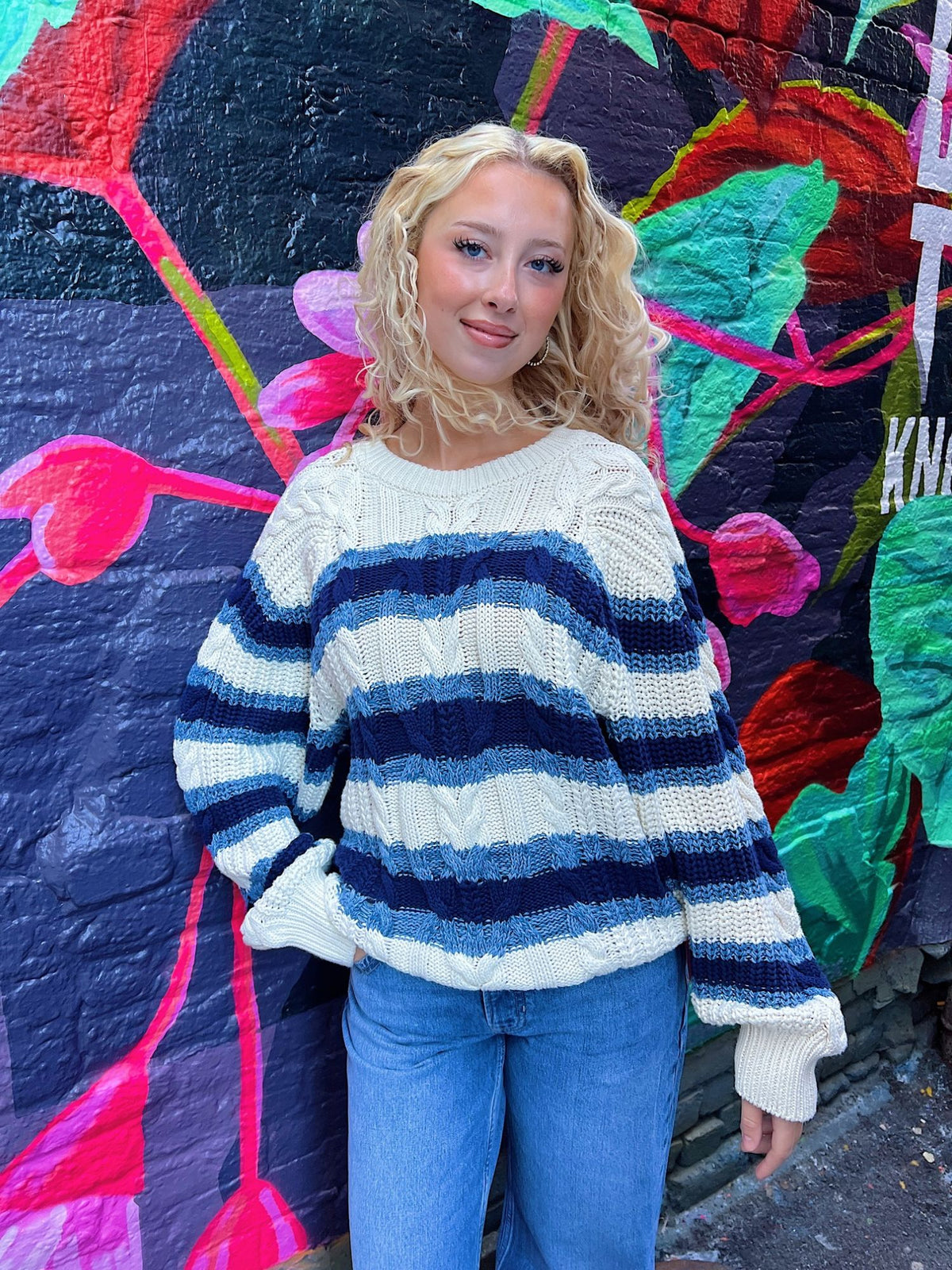 Free People Frankie Striped Cable Knit Sweater ivory combo 