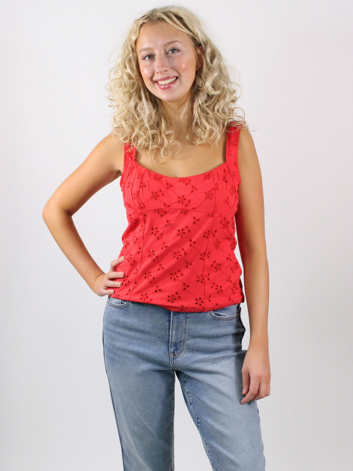 free people full bloom eyelet cami poppy red