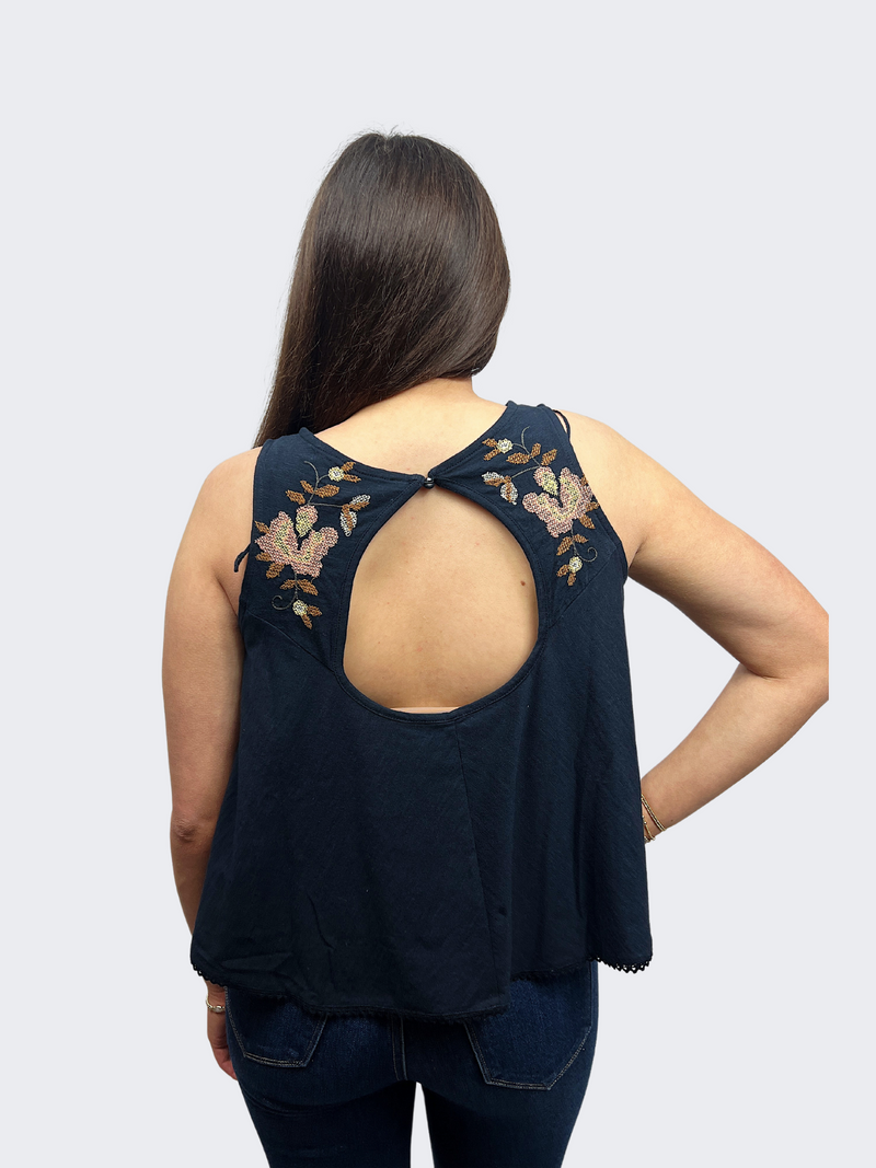 free pepole fun and flirty embroidered tank in navy back view