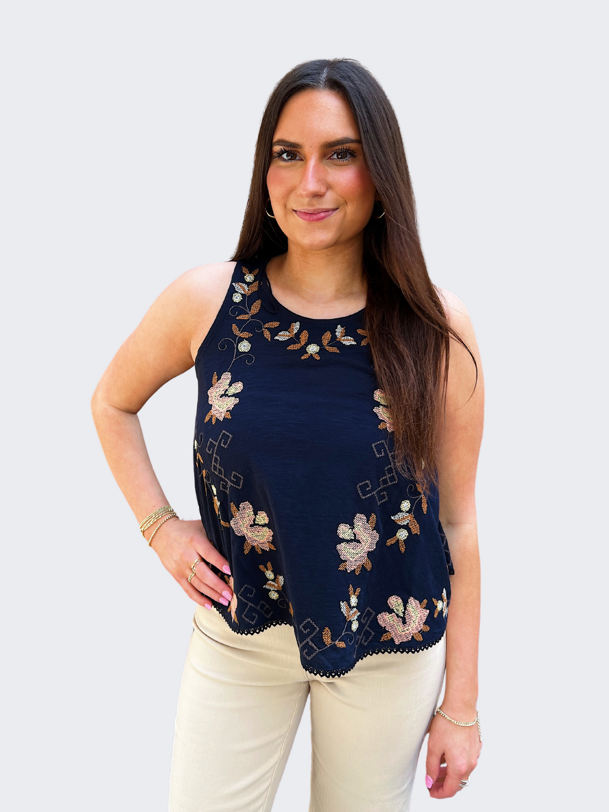 free pepole fun and flirty embroidered tank in navy front view