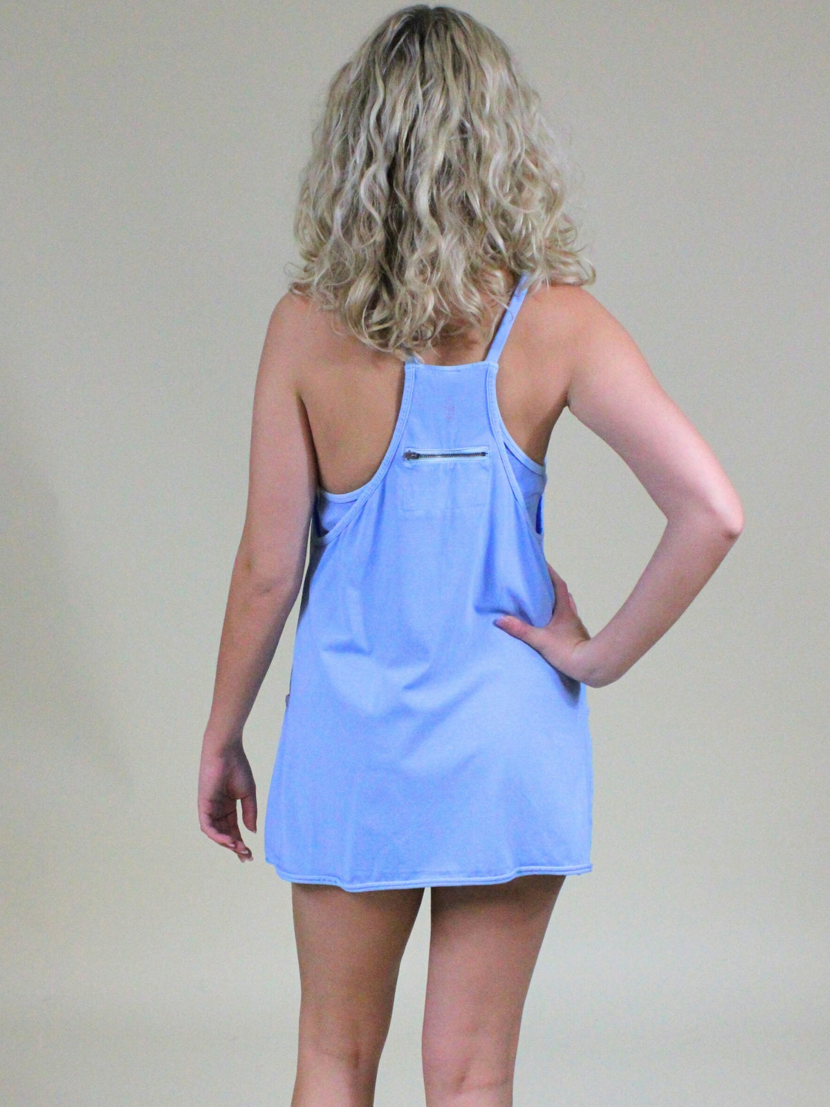 free people hot shot mini dress with built in shorts oxford blue back model