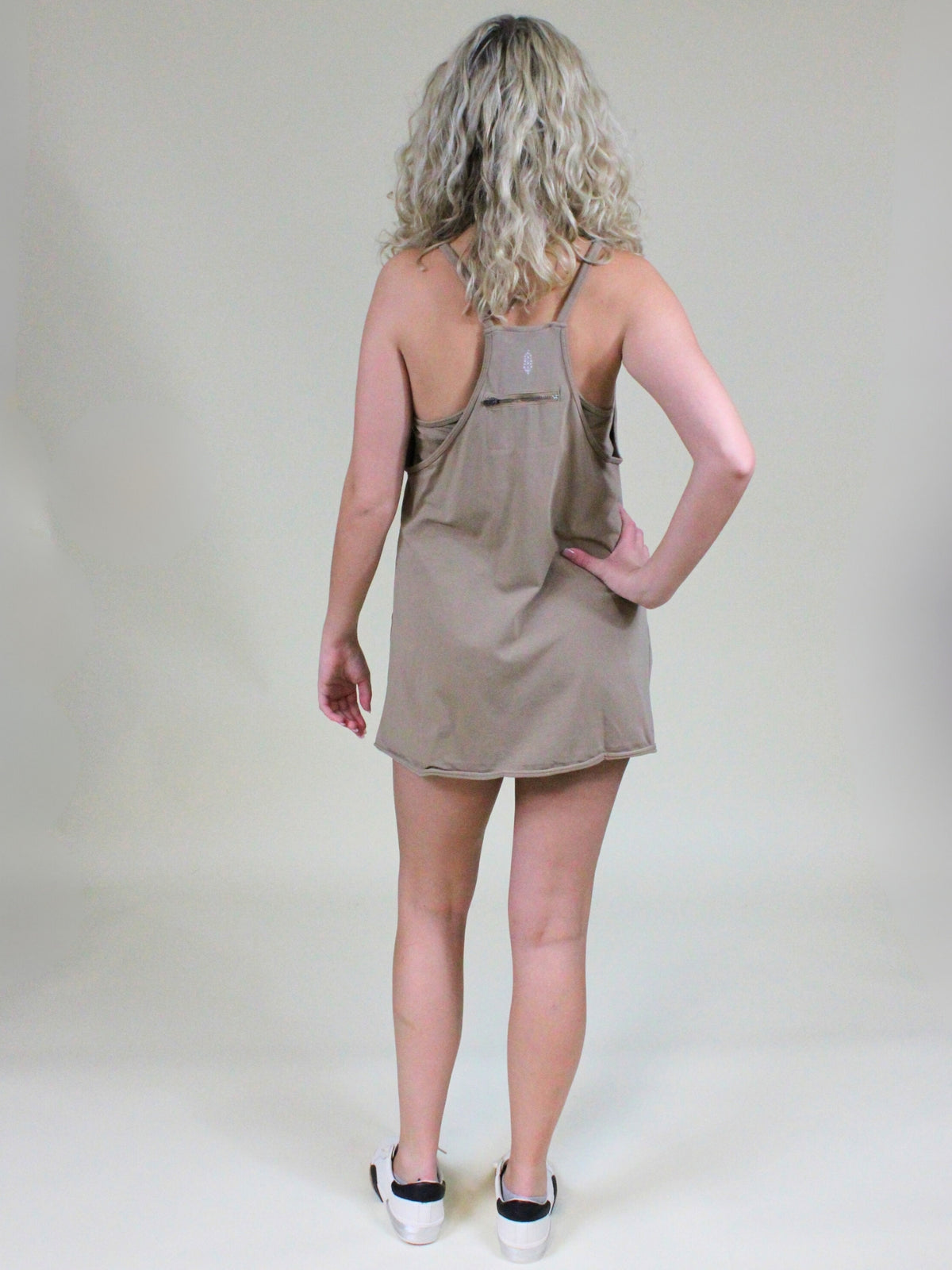 free people hot shot mini dress with built in shorts mocha latte back model