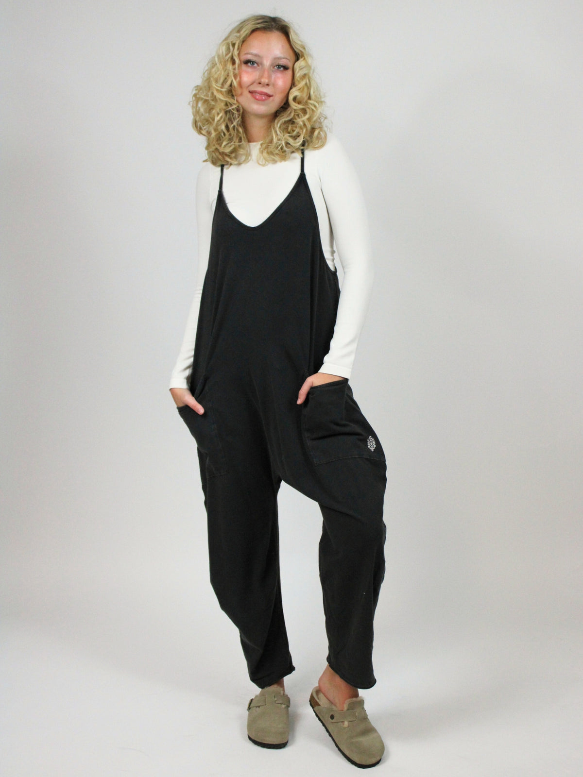 Free People Hot Shot Onesie in Washed Black front