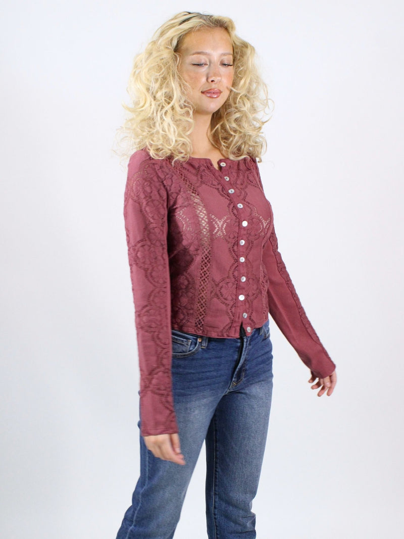 Free People Jae Knit Lace Button Long Sleeve Top Crushed Berry