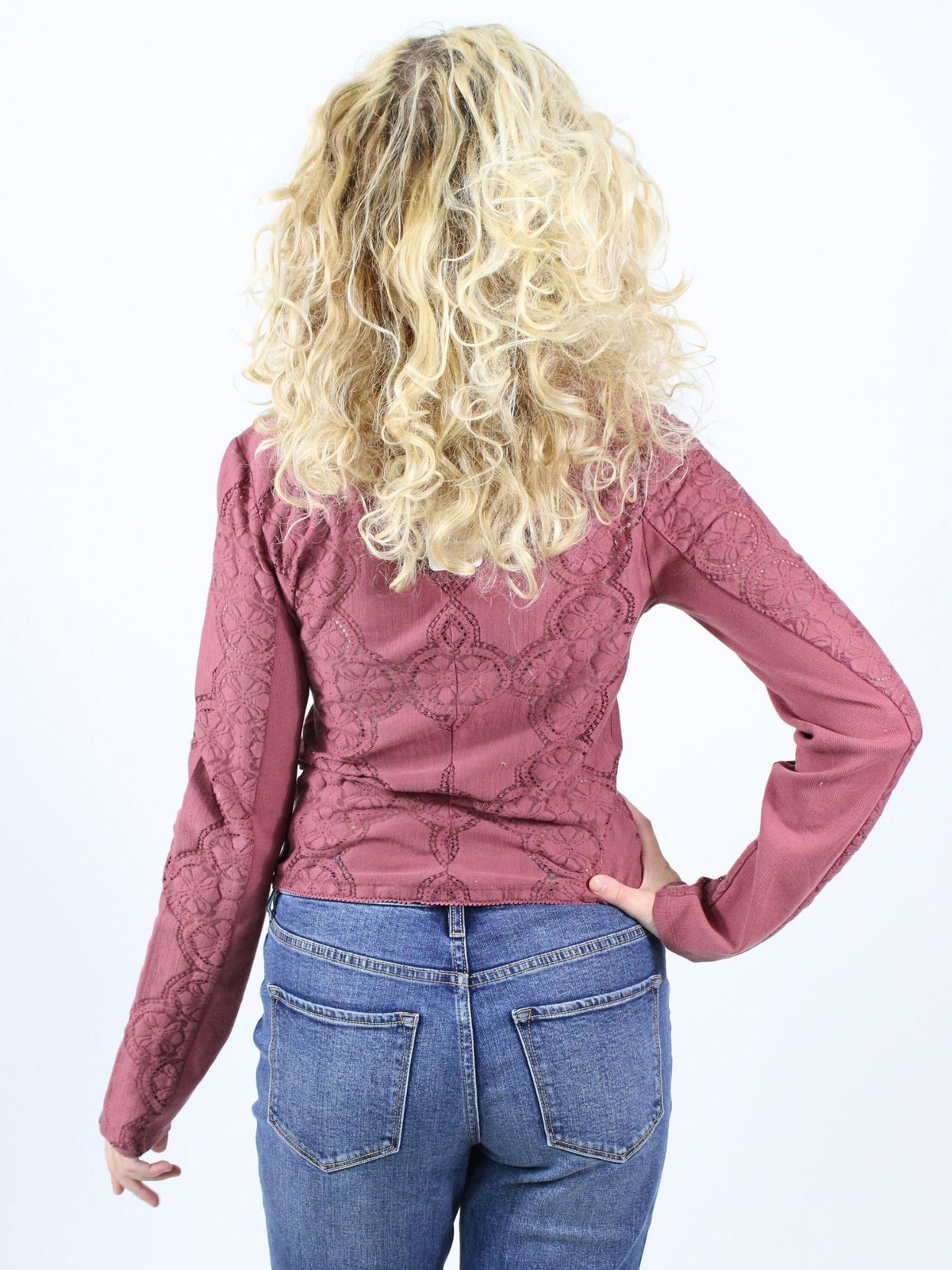 Free People Jae Knit Lace Button Long Sleeve Top Crushed Berry
