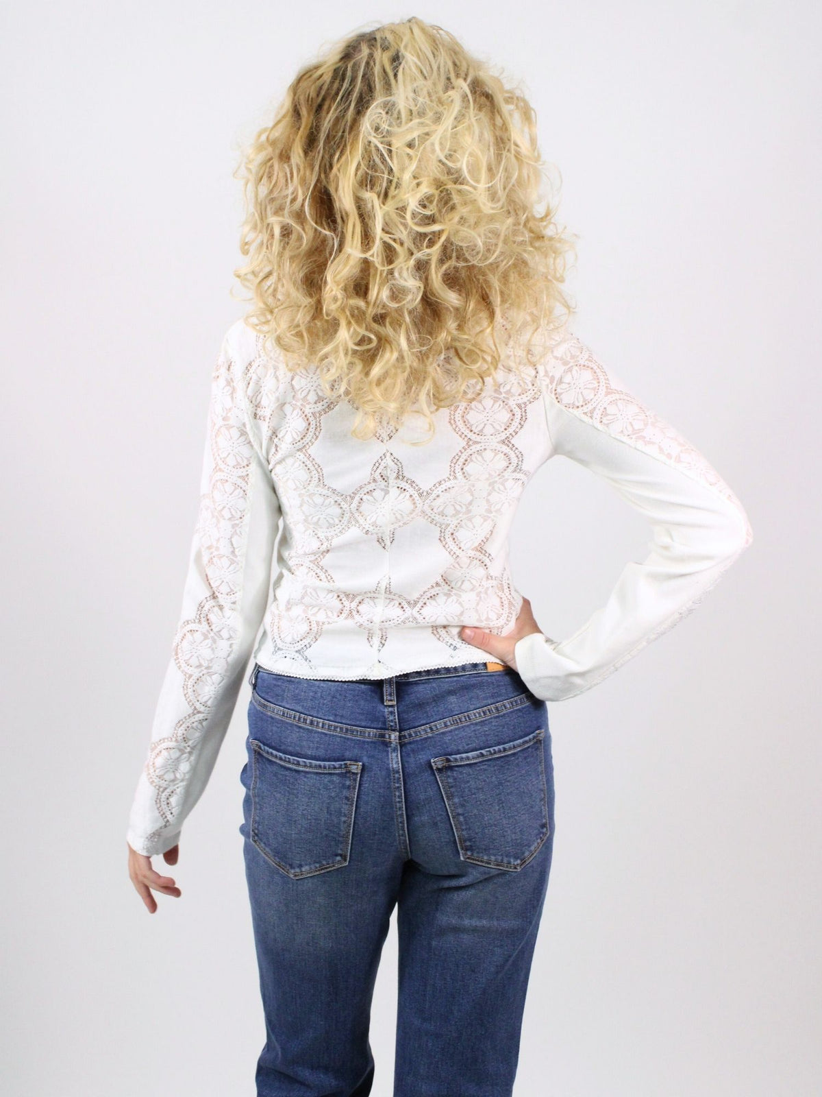 Free People Jae Knit Lace Button Long Sleeve Top Sugar Swizzle