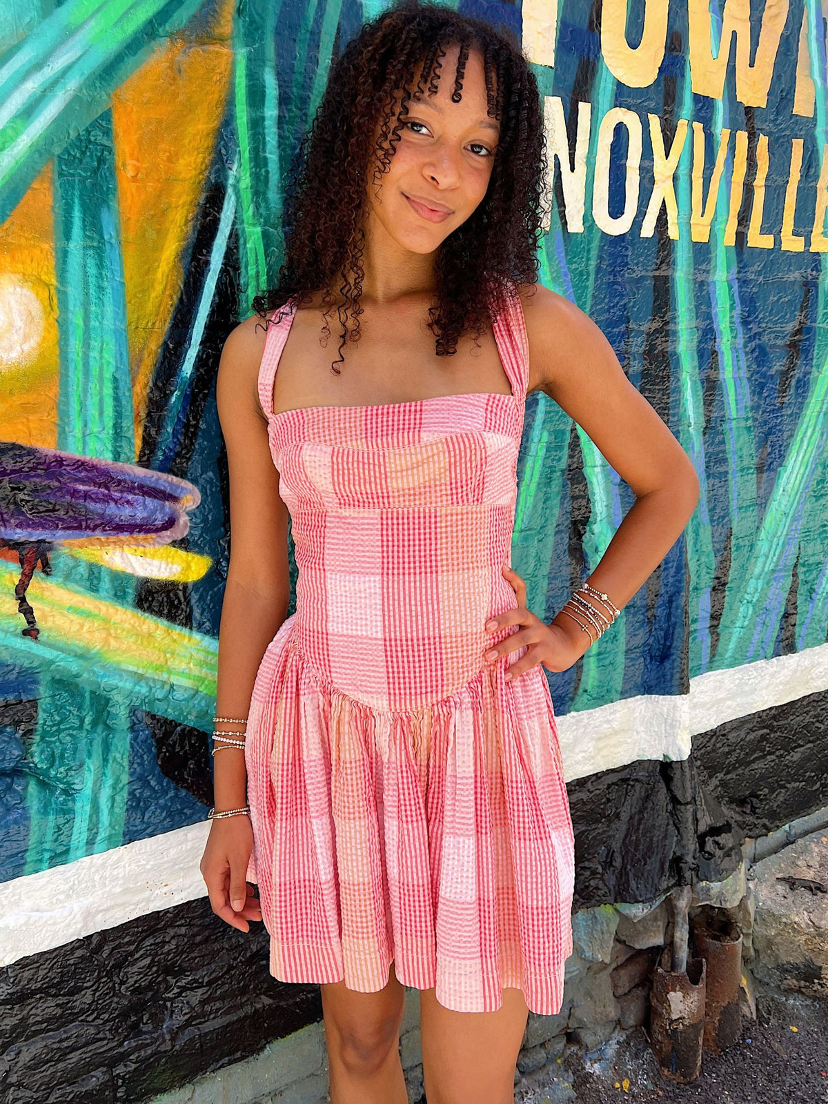 Free People Laurel Plaid Mini Dress Pink Combo
