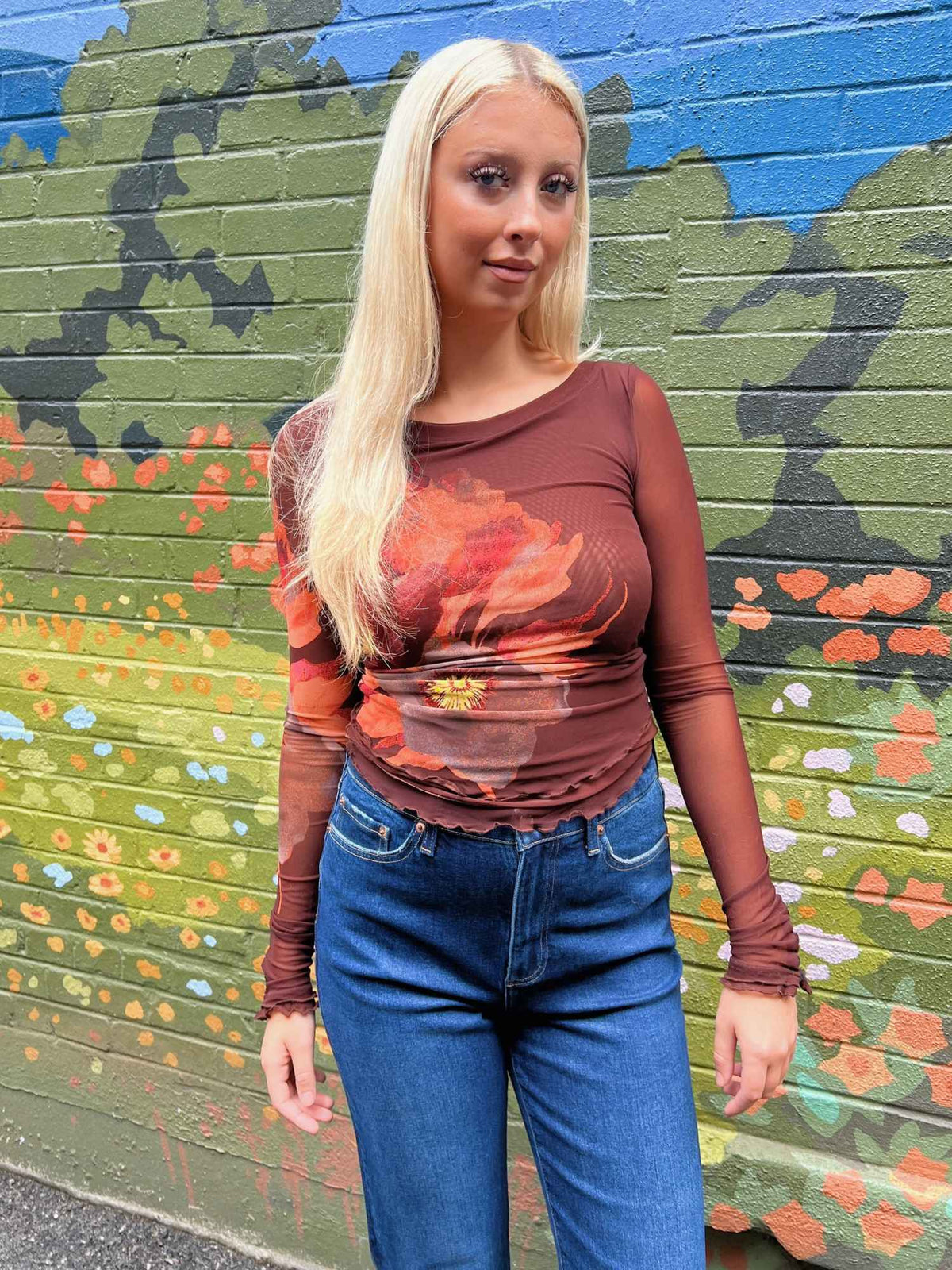 Free People Lilly Printed Long Sleeve Top Cocoa