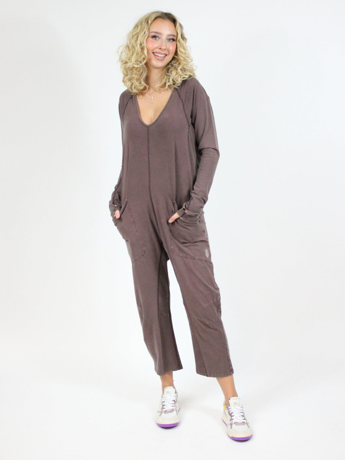 Free People Hot Shot Long Sleeve Onesie in dark espresso-front