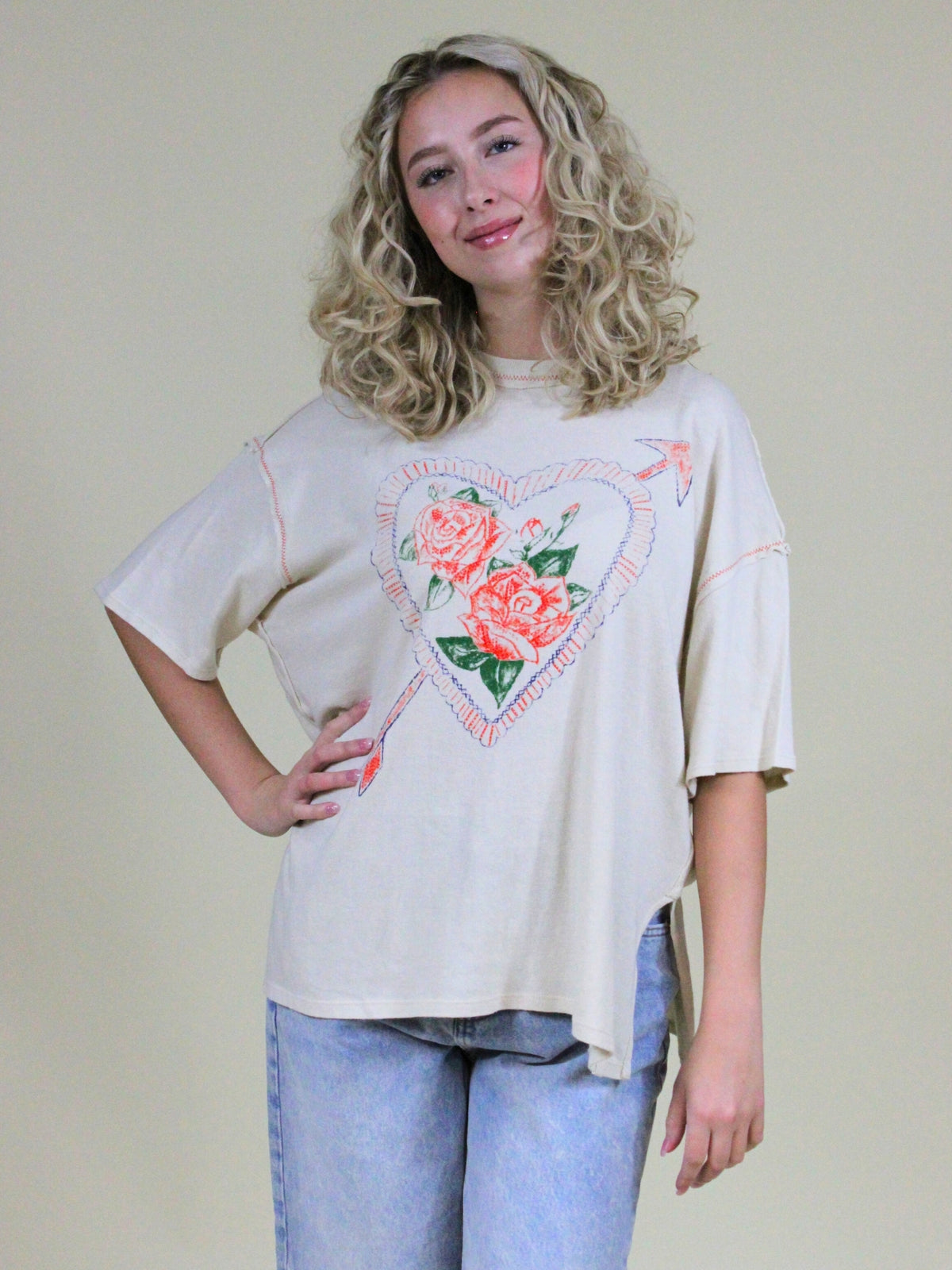 free people love rose oversized graphic tee ivory combo front model view