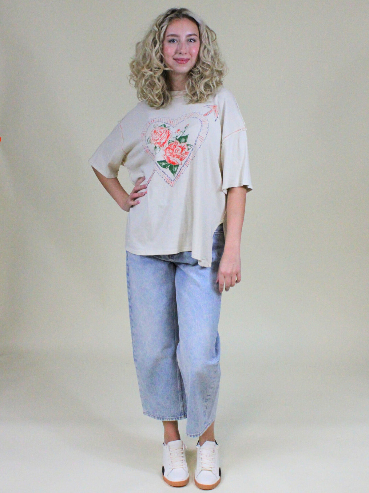 free people love rose oversized graphic tee ivory combo front full model view