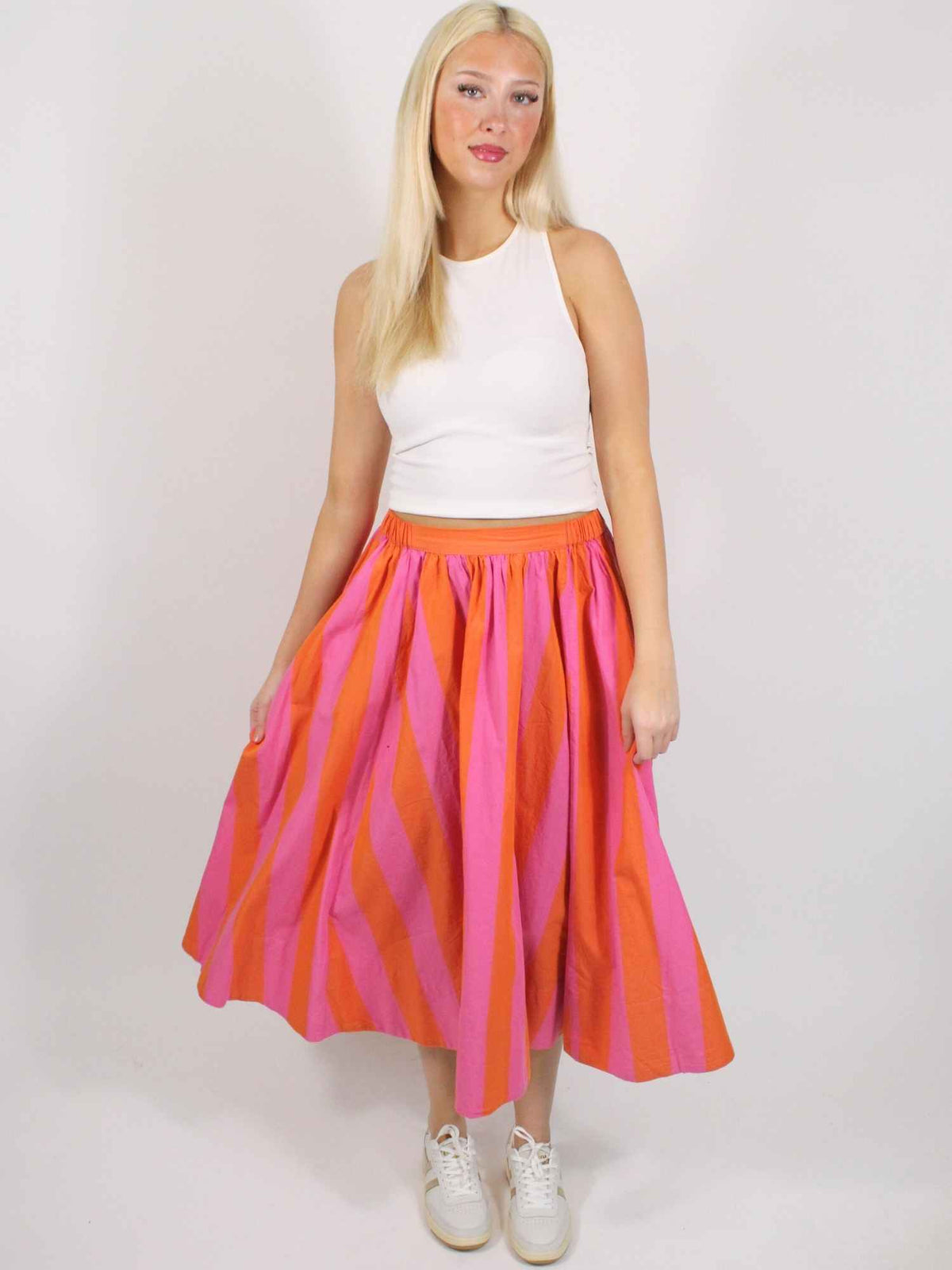 Free People Lowen Striped Midi Skirt Pink Combo