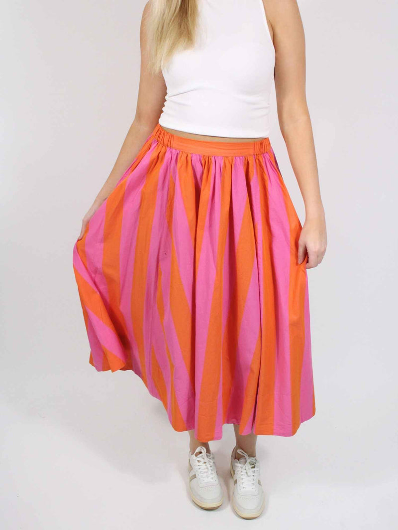 Free People Lowen Striped Midi Skirt Pink Combo