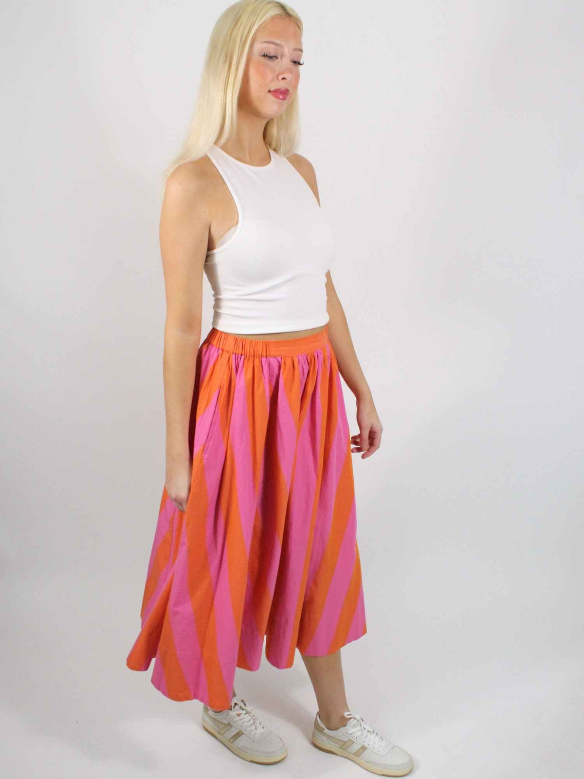 Free People Lowen Striped Midi Skirt Pink Combo