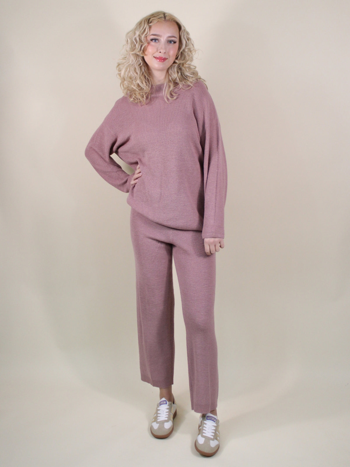 free people Malibu sweater pants set pale mauve front model view