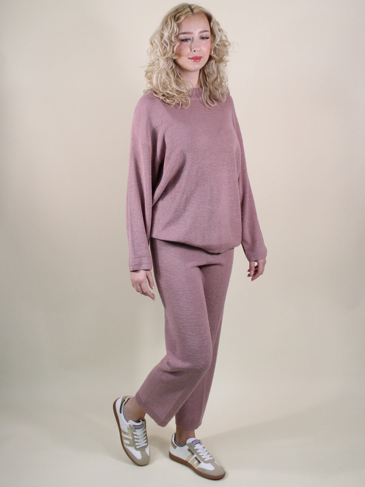 free people Malibu sweater pants set pale mauve side model view