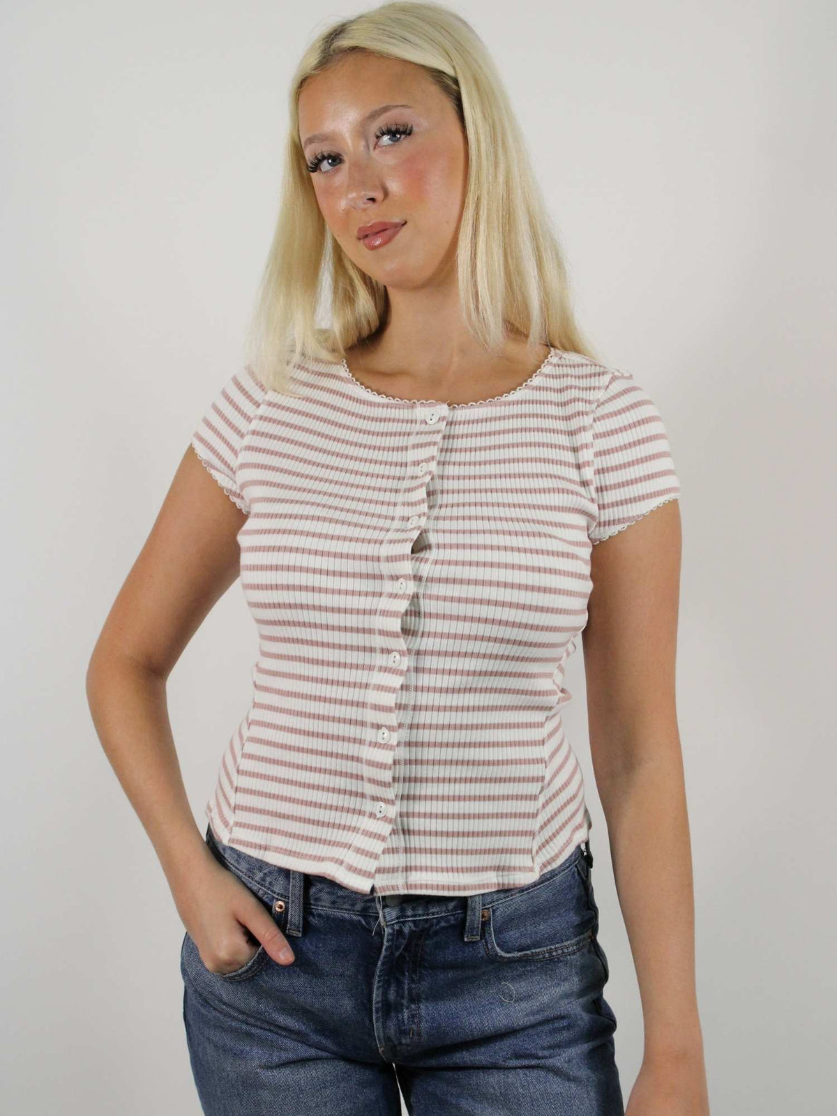 Free People Most Wanted Striped Cardi Mauve Ivory