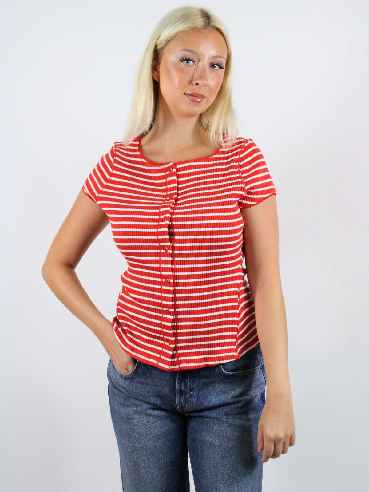 Free People Most Wanted Striped Cardi Red White