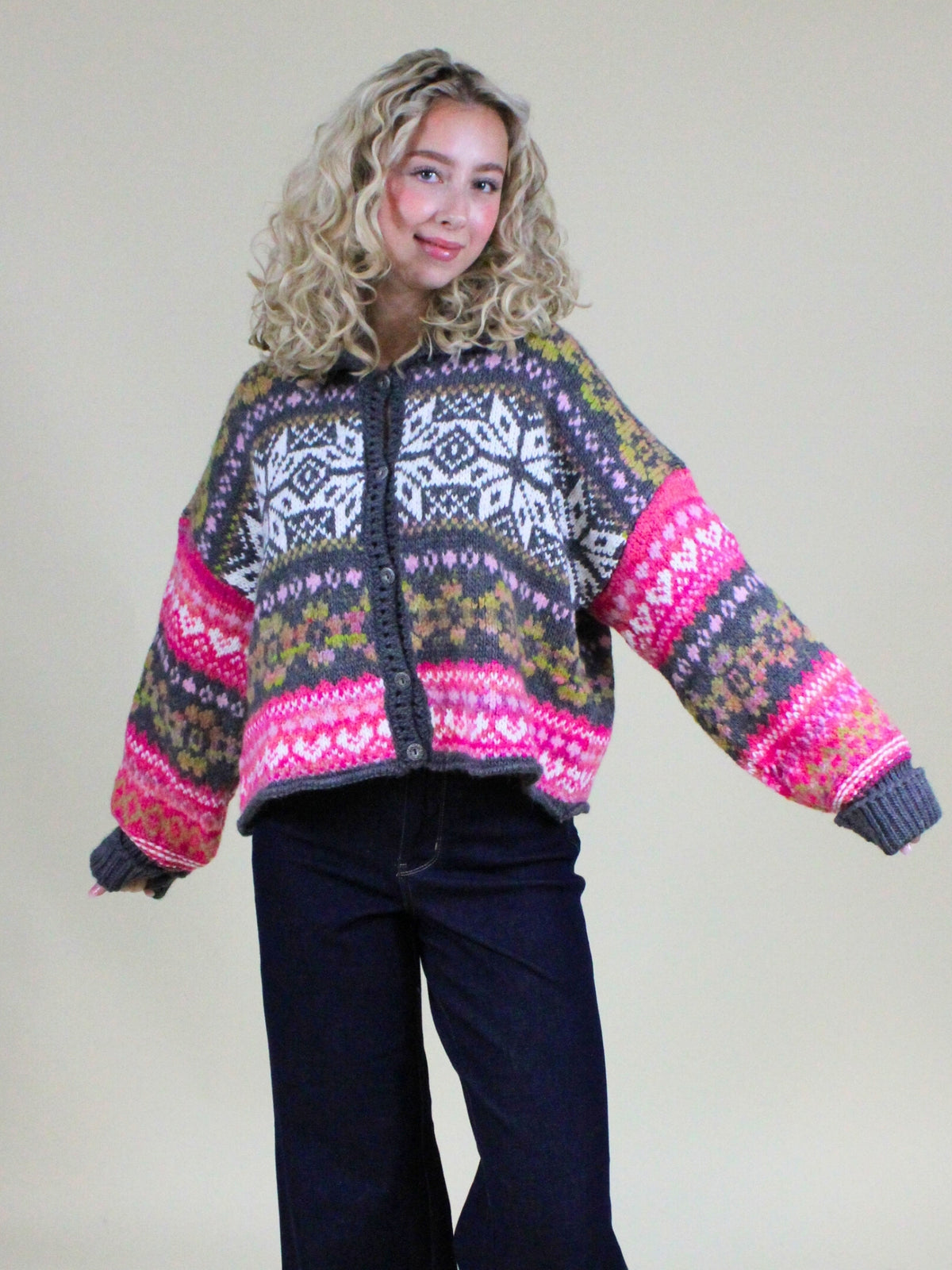 free people snowdrift cardigan frozen flower combo front model view