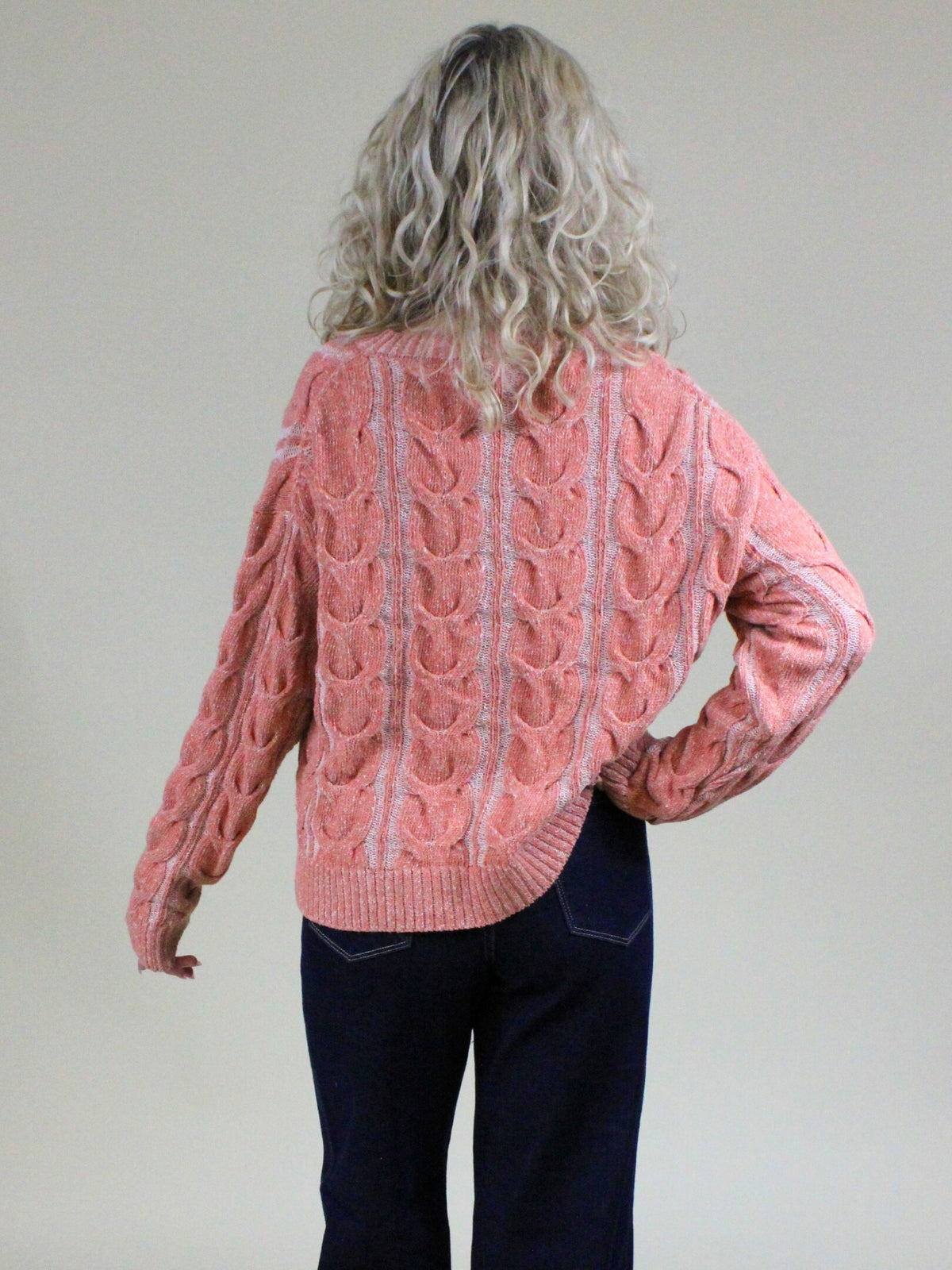 free people washed cable v neck sweater candied melon back model view